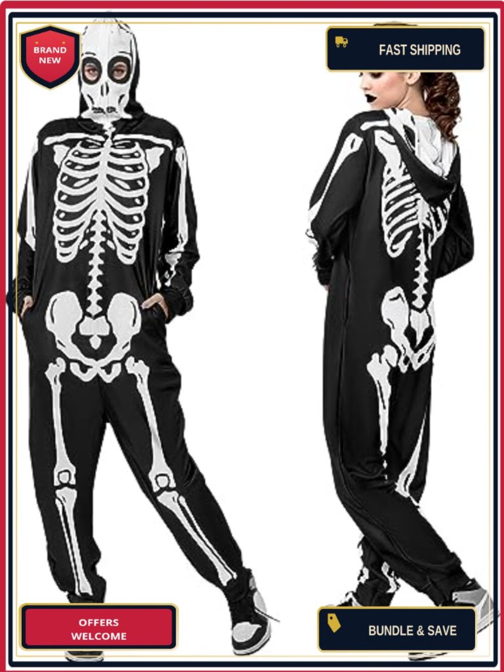 Adult Skeleton Onesie Costume Hooded Jumpsuit Halloween Zipper
